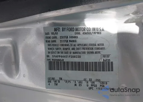 2001 Ford Mustang из США, поврежденный, VIN 1FAFP44451F208230